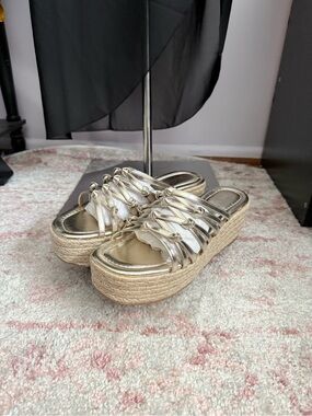 Nine West Metallic Gold Braided Espadrille Platform Slide Sandals